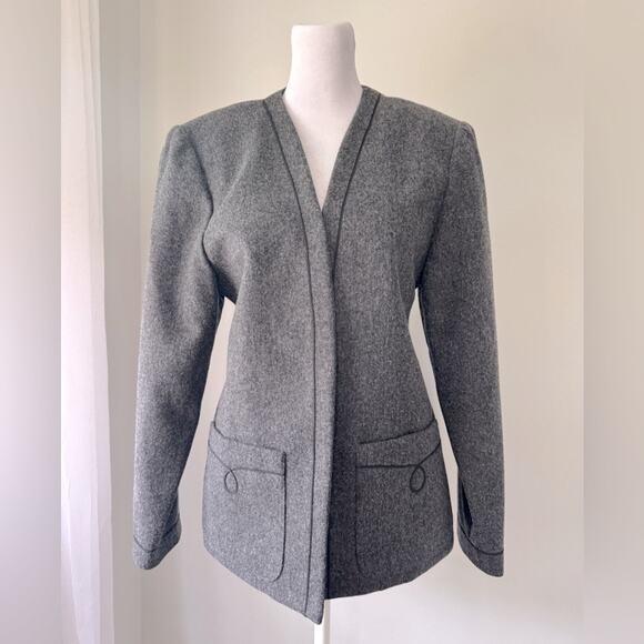 Vintage ‘80s Lanz Originals 100% Wool Dark Gray Collarless Open Front Jacket - Picture 1 of 10